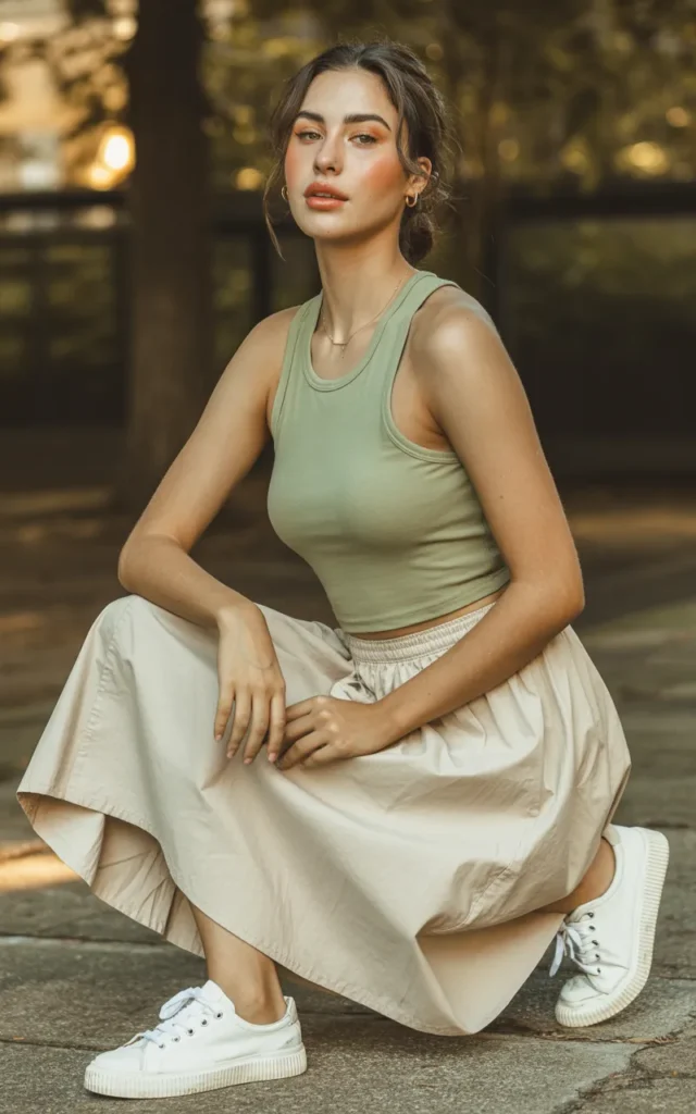 Style a tank top with a flowy midi skirt
