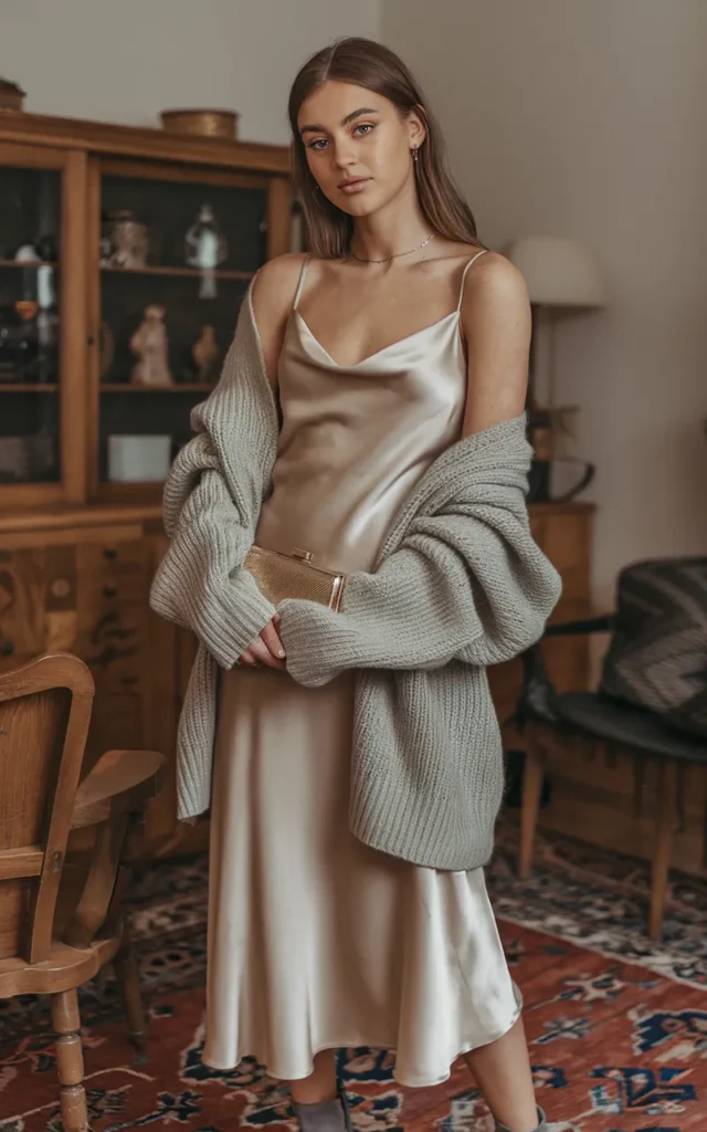 Style an oversized sweater with a slip dress