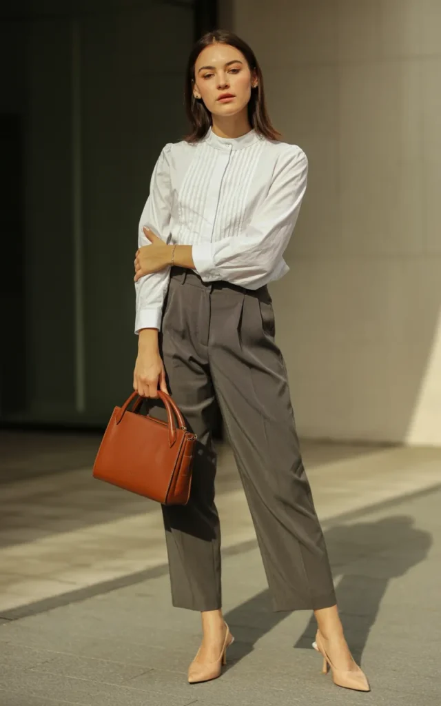 Style cropped trousers with a structured blouse