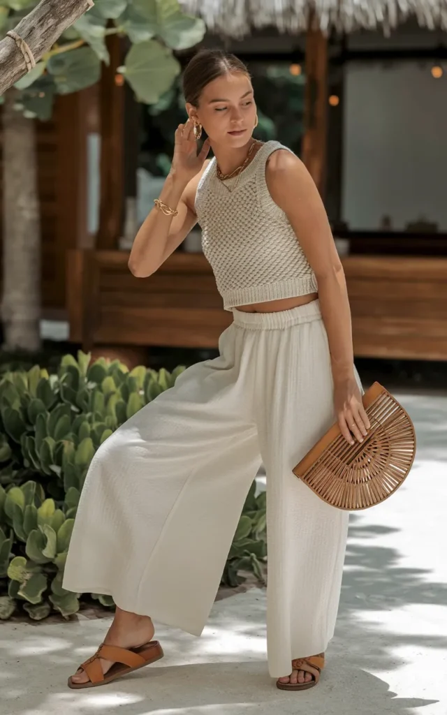 Style white wide-leg pants with a cropped knit tank.