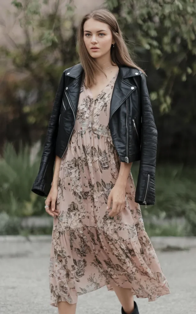 Throw a leather jacket over a floral midi dress 🌸