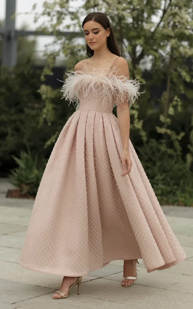 Try a feather-trimmed gown for a playful statement
