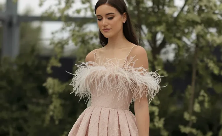 Try a feather-trimmed gown for a playful statement