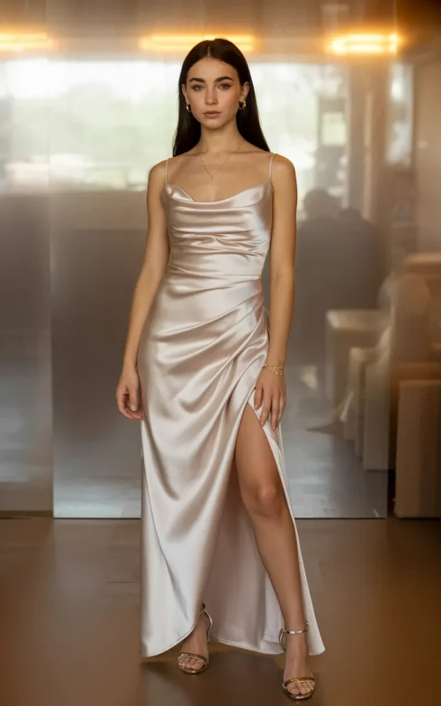 Try a satin draped gown with a thigh slit and ruching