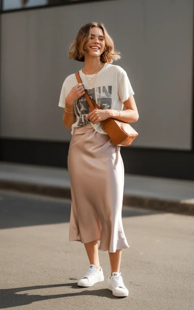 Tuck a graphic tee into a midi slip skirt