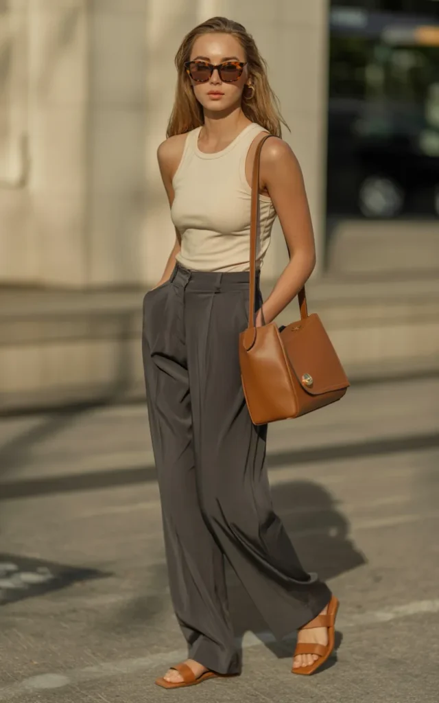 Tuck a simple tank into wide-leg trousers with statement sandals