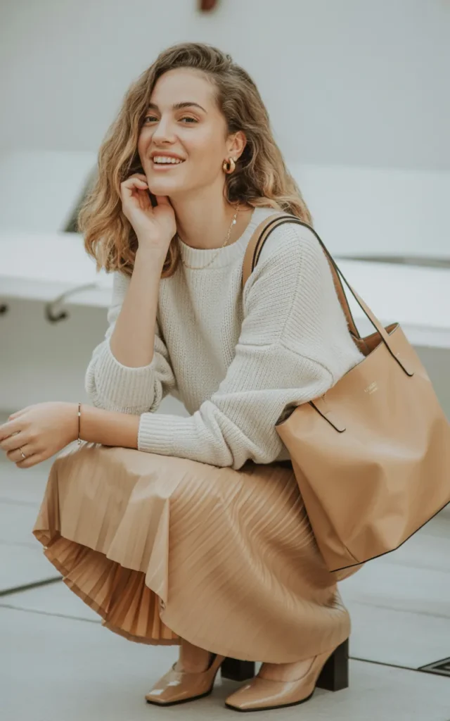 Tuck a soft knit top into a pleated midi skirt