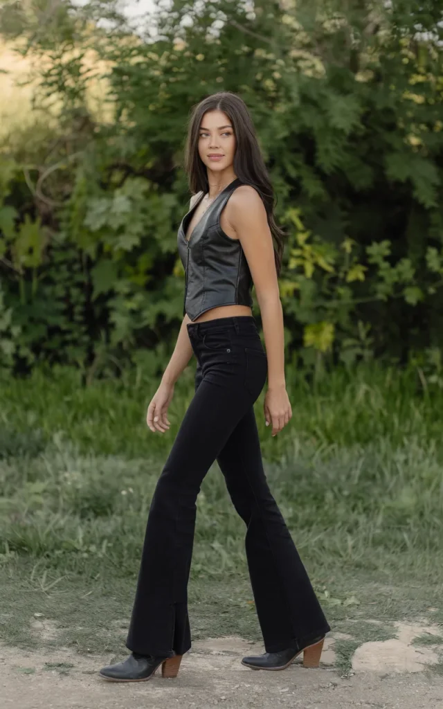 Wear a black vest with flared pants