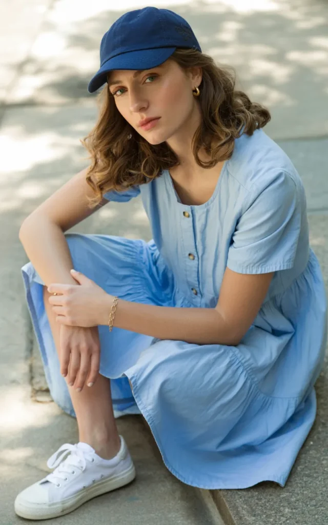 Wear a button-front dress with sneakers and a cap