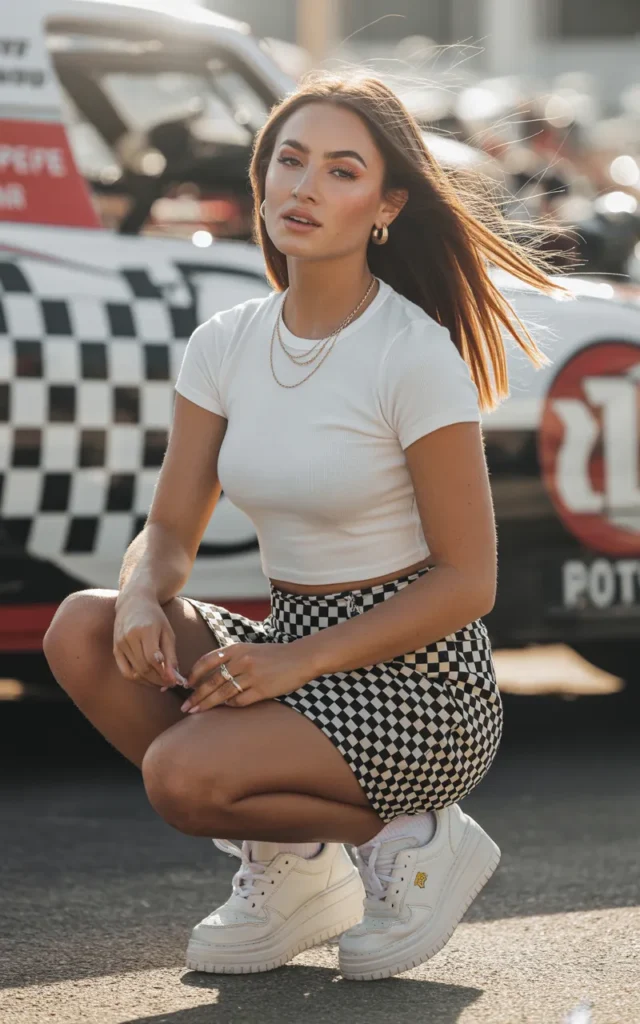 Wear a checkered skirt with a fitted tee