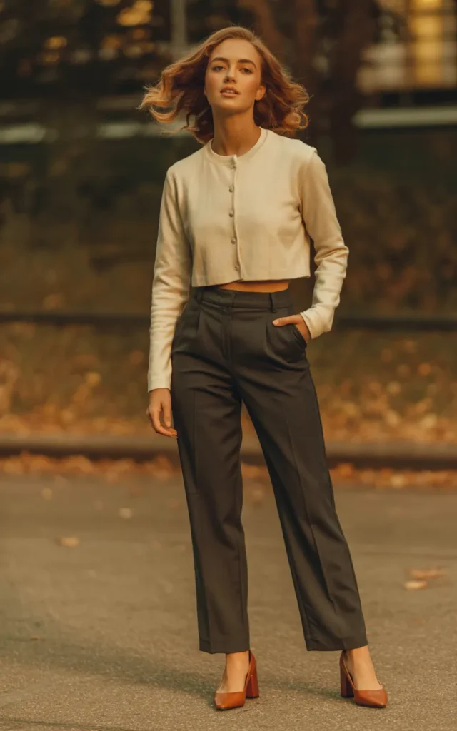 Wear a cropped cardigan with high-waisted trousers.