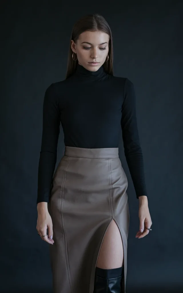 Wear a fitted turtleneck with a midi slit skirt.