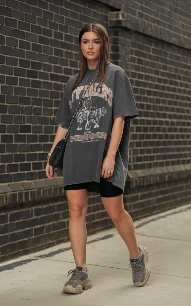 Wear a graphic oversized tee as a t-shirt dress