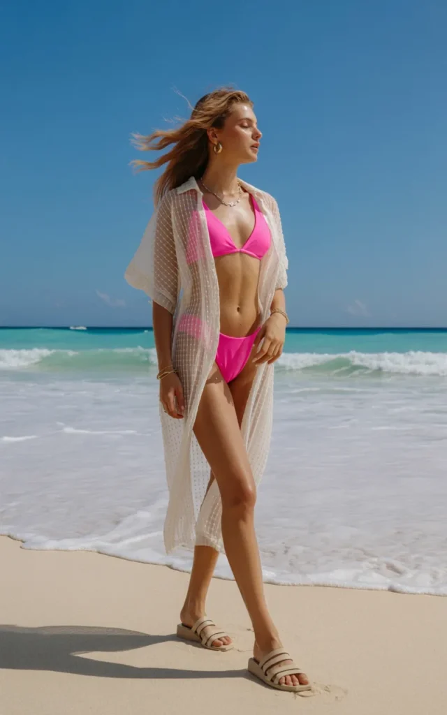 Wear a mesh cover-up dress over a neon bikini.