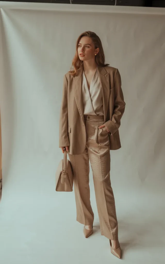 Wear a monochrome beige outfit with layered textures