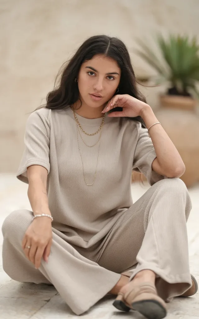 Wear a neutral co-ord knit set with sleek accessories