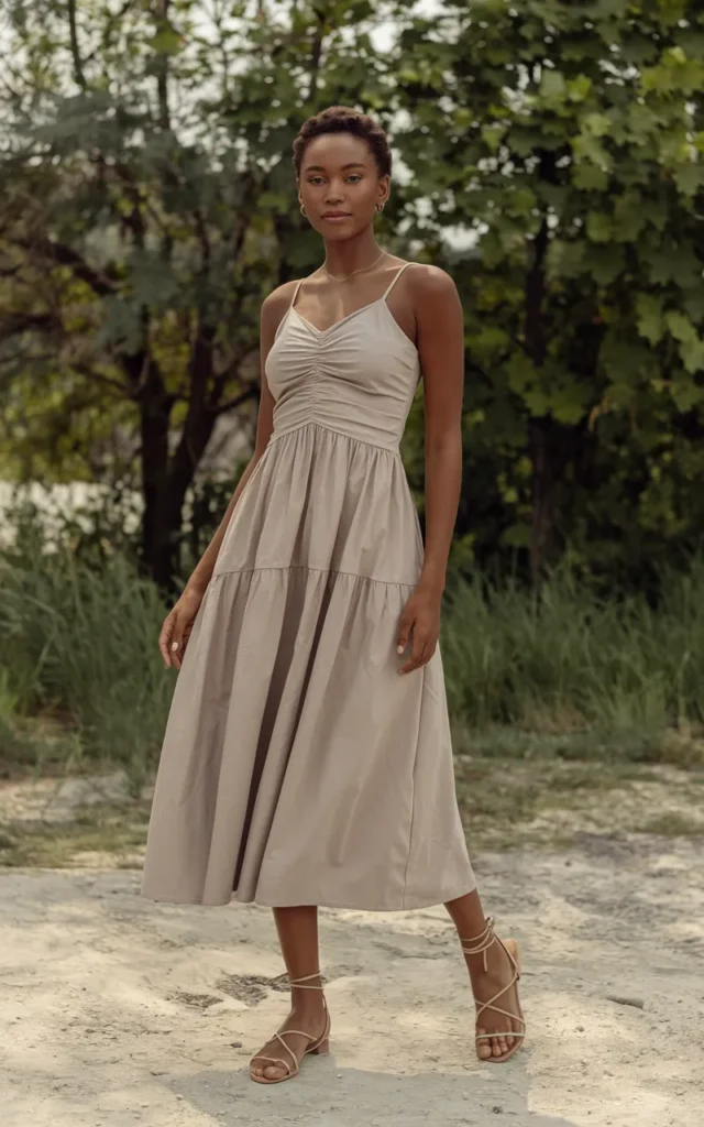 Wear a ruched midi dress with sleek sandals