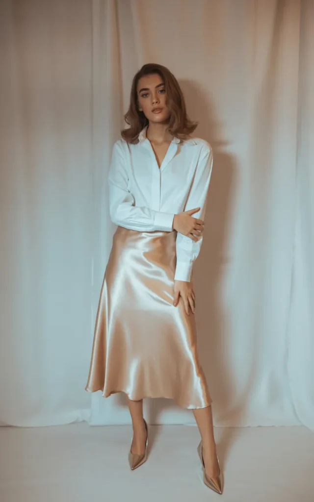 Wear a satin skirt with a structured shirt