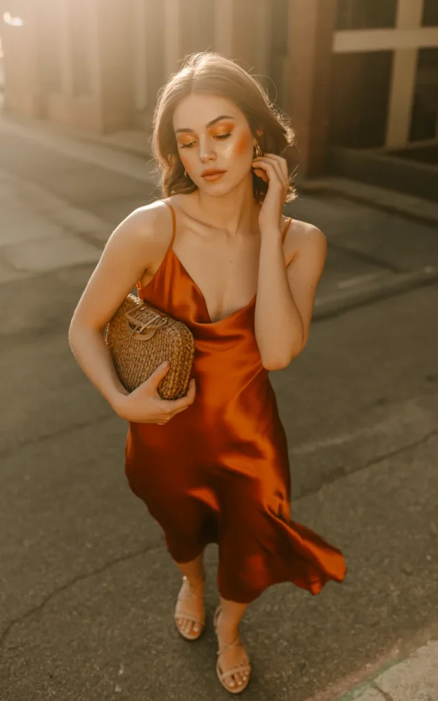 Wear a satin slip dress for a sunset beach party.