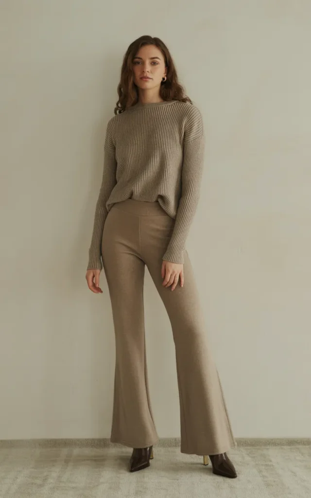 Wear a soft flared pant with a tucked-in sweater and sleek boots.