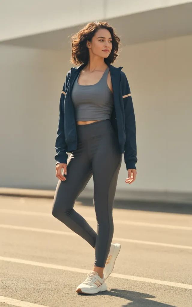 Wear a sporty zip-up jacket with leggings and a tank