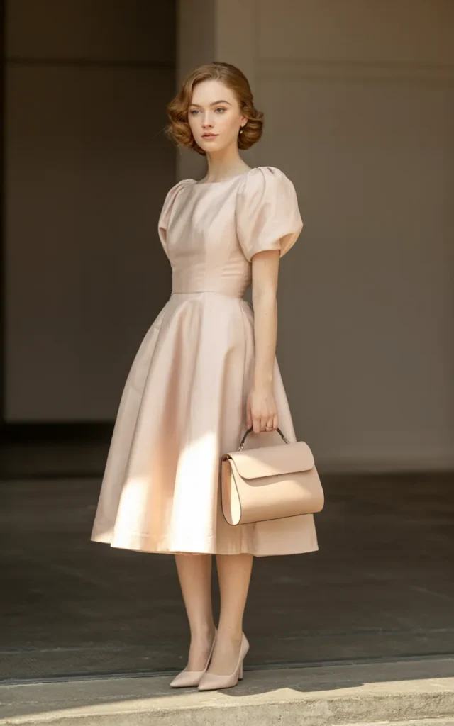 Wear a tea-length dress with classic pumps