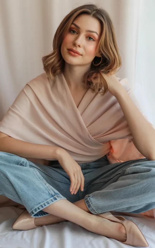 Wear a wrap top with relaxed mom jeans and flats