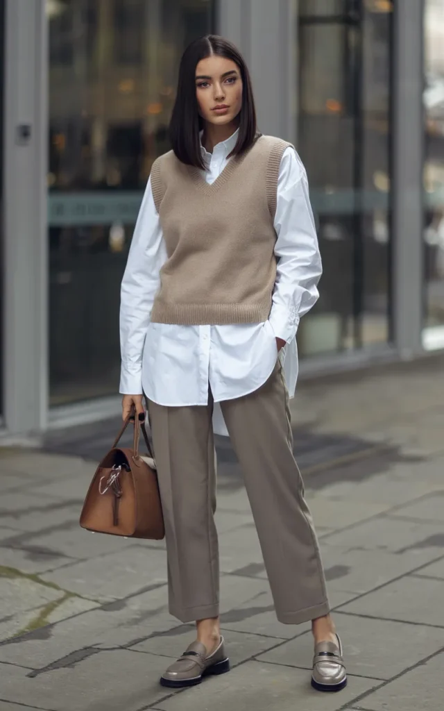 Add a sweater vest over a button-down shirt