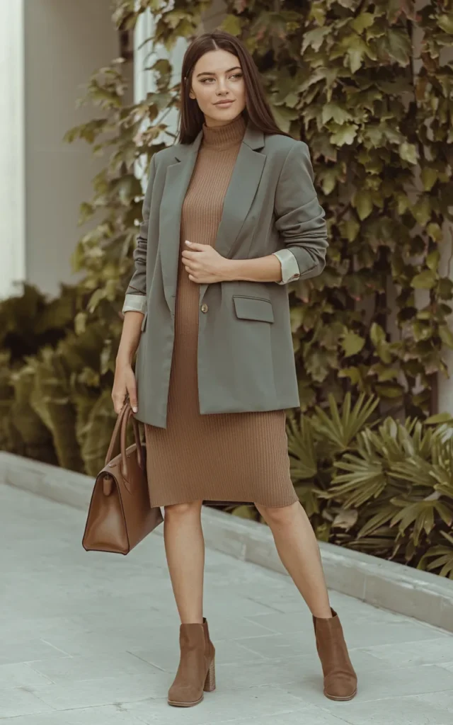 Combine a blazer with a knit dress and ankle boots