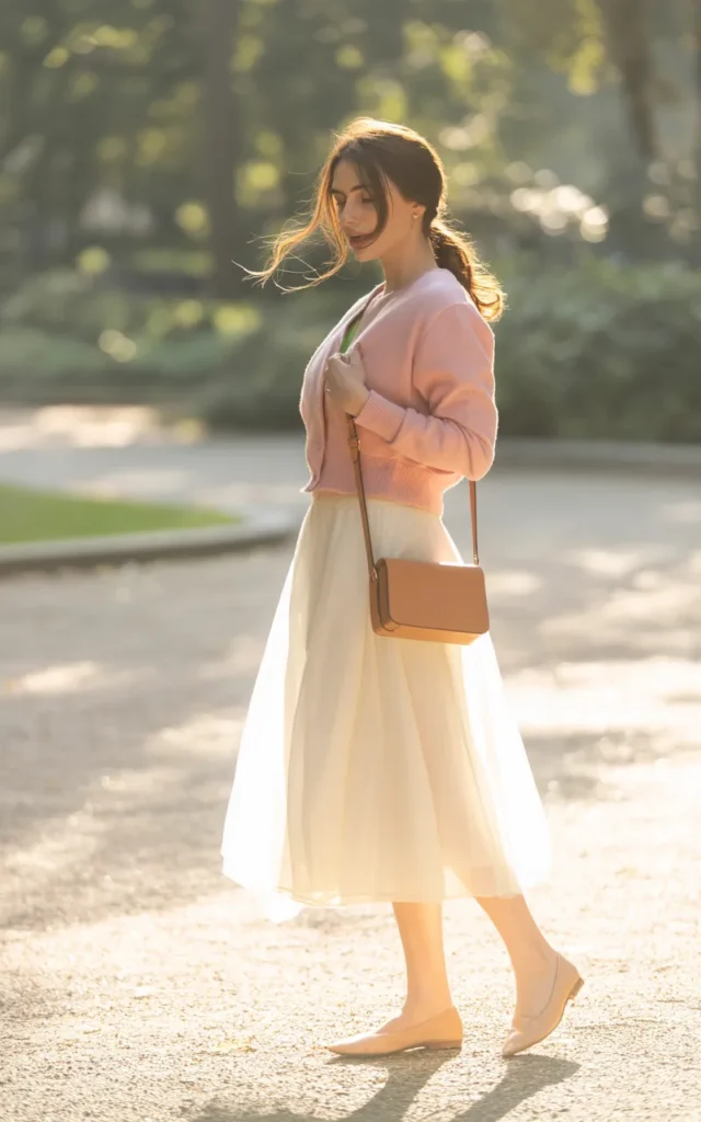 Combine a cropped cardigan with a midi skirt