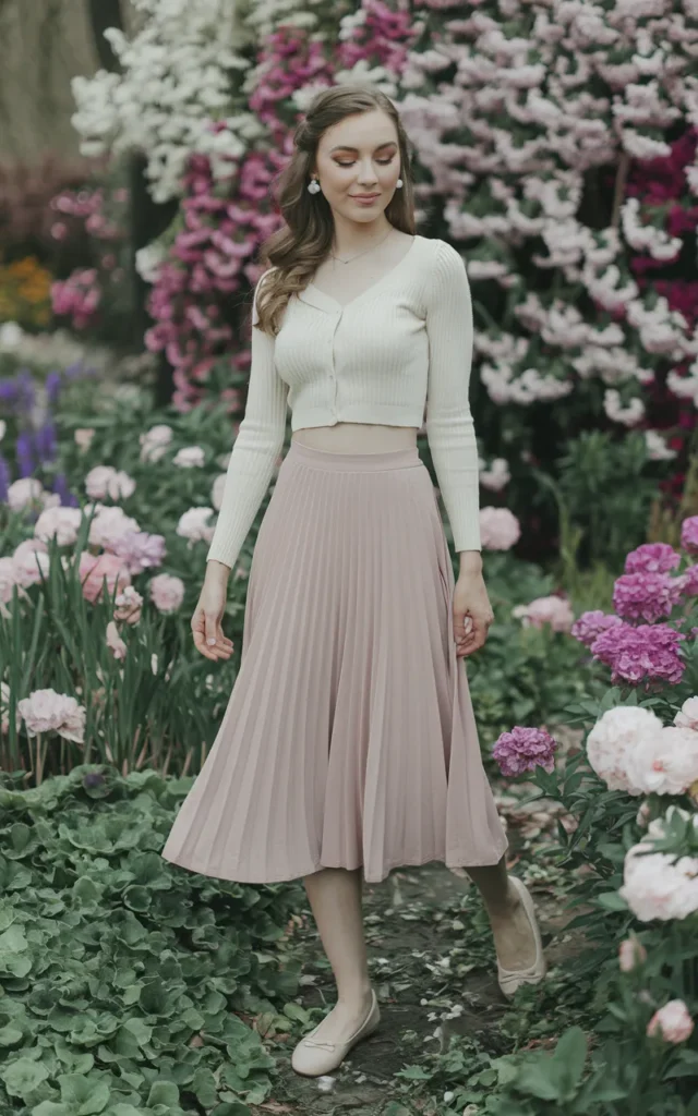 Combine a cropped cardigan with a pleated skirt