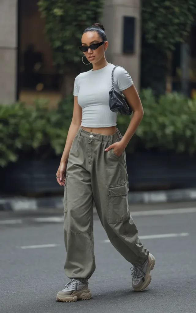 Combine a cropped tee with cargo pants