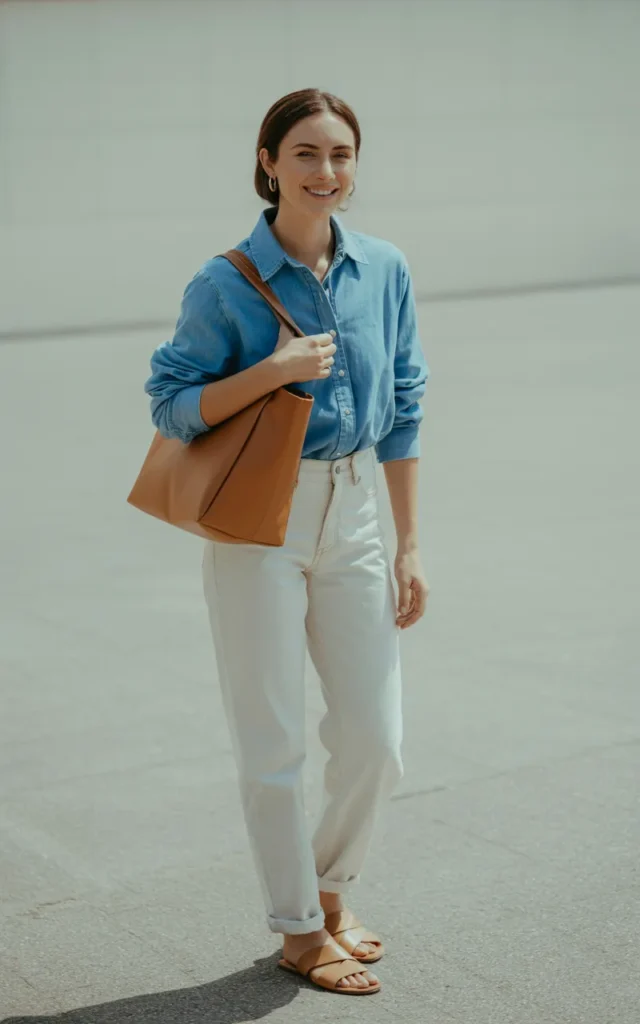 Combine a denim shirt with white jeans