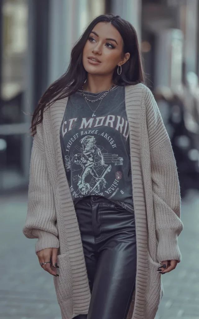 Combine a graphic tee with a cardigan and leather pants
