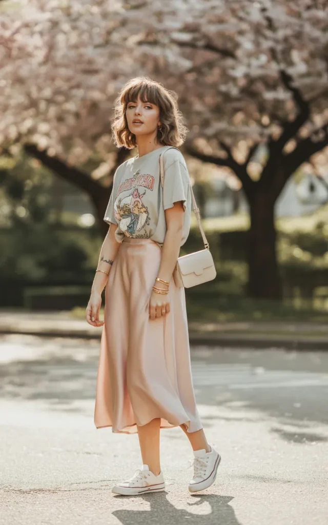 Combine a graphic tee with a satin midi skirt