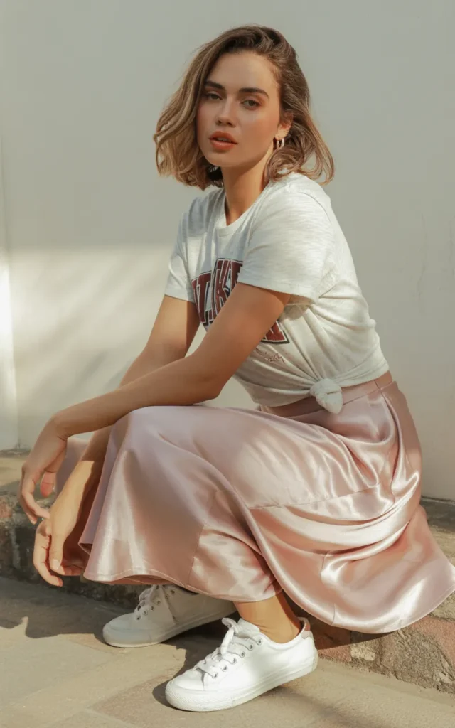 Combine a graphic tee with a satin skirt