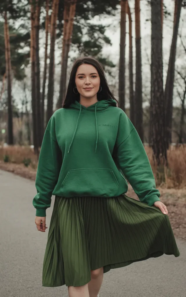 Combine a green hoodie with a pleated skirt