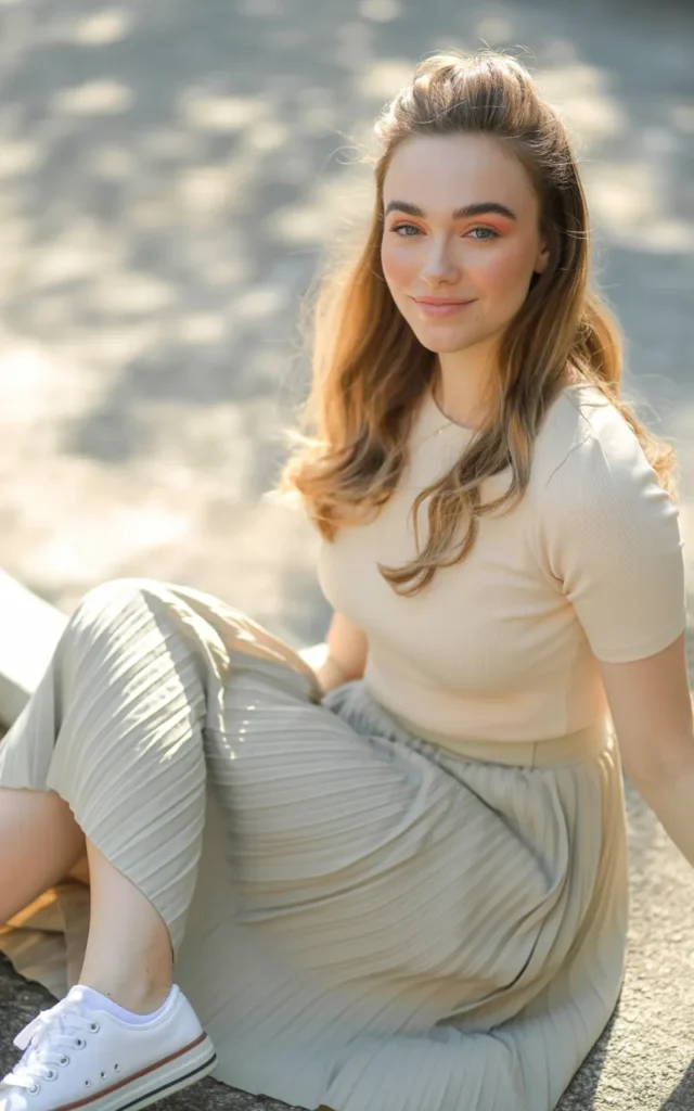 Combine a knit top with a pleated skirt and sneakers