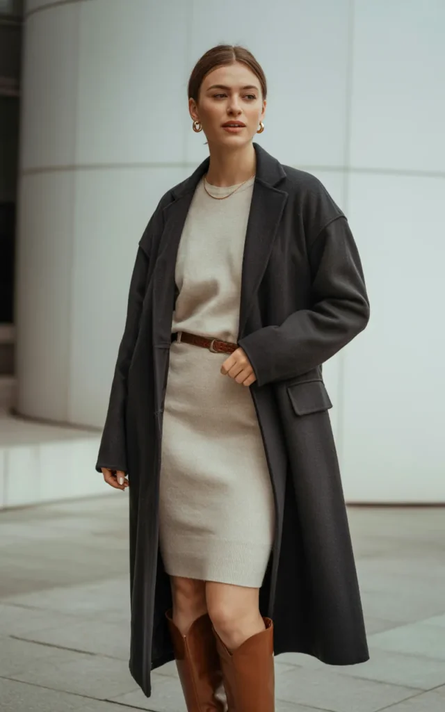 Combine a longline coat with a sweater dress and boots