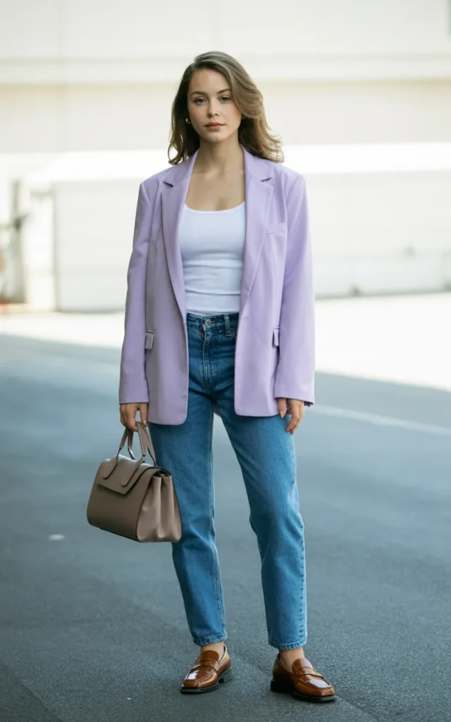Combine a pastel blazer with straight-leg jeans