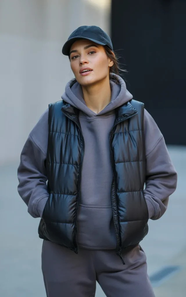 Combine a puffer vest with a hoodie and joggers