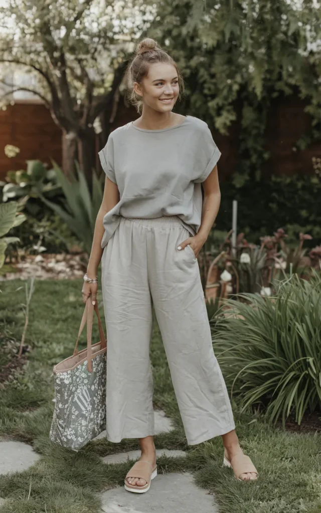 Combine a relaxed tee with linen pants and slides