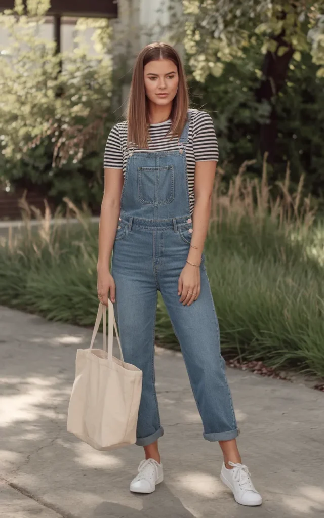 Combine a striped tee with denim overalls