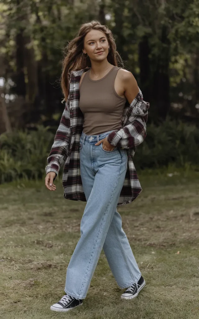 Combine a tank top with a flannel and straight jeans