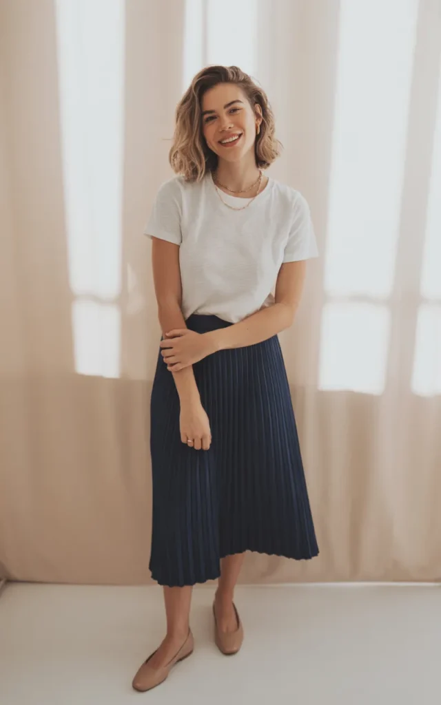 Combine a tucked tee with a pleated skirt