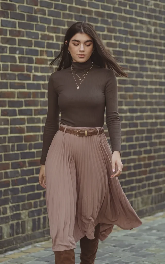 Combine a turtleneck with a midi skirt and boots