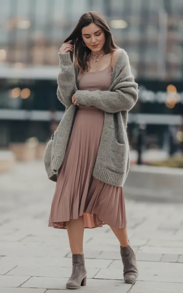 Layer a cardigan over a midi skirt and fitted top