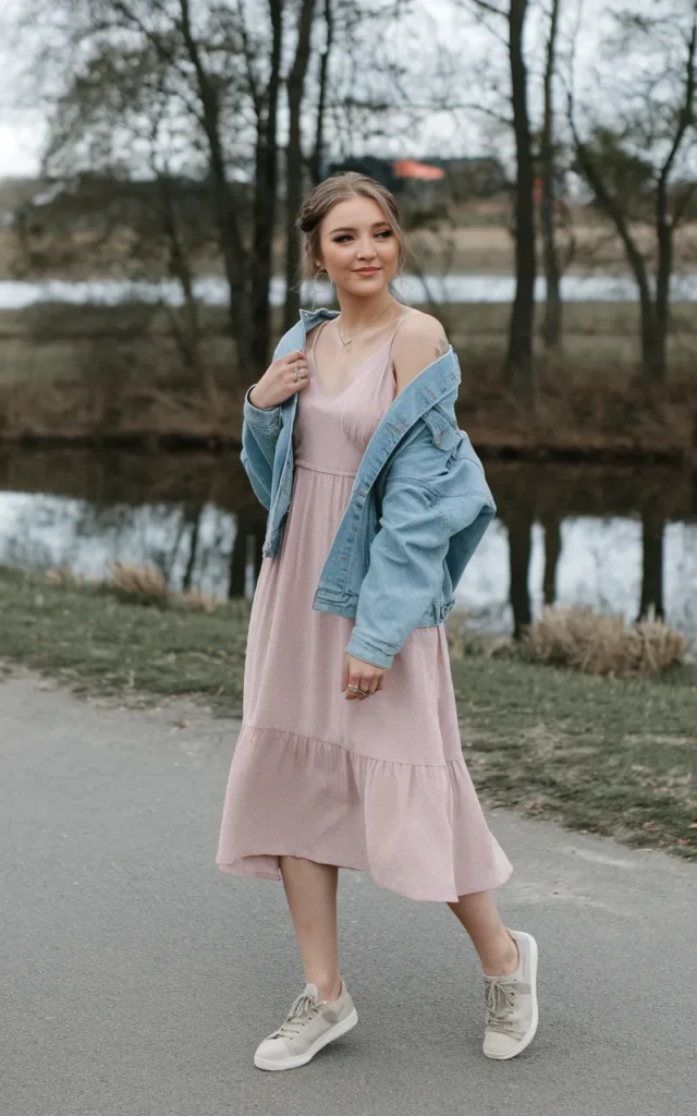 Layer a denim jacket over a flowy midi dress