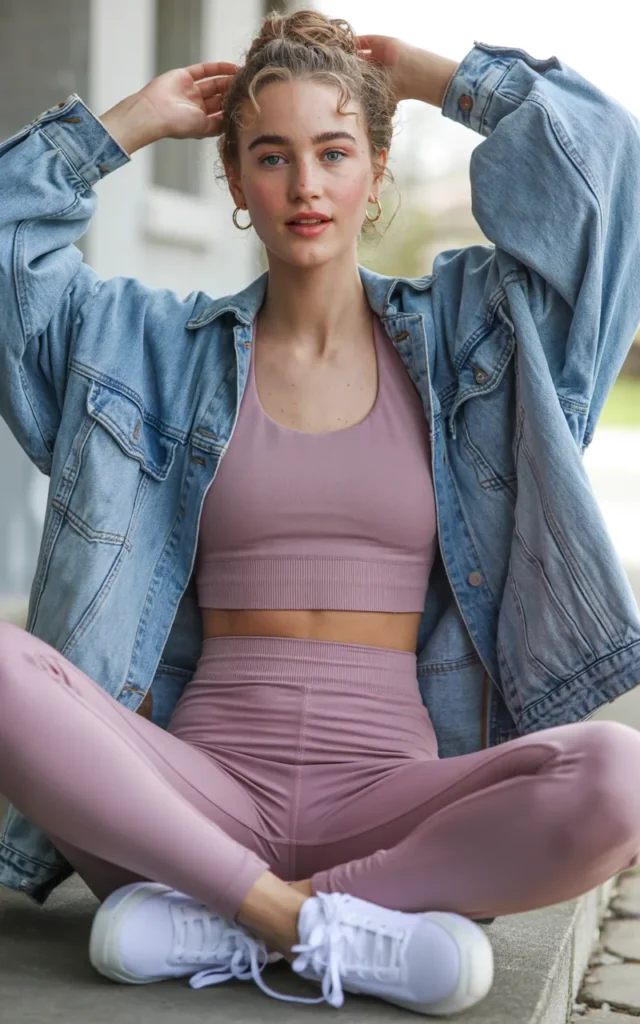 Layer a denim jacket over a seamless workout set 👖