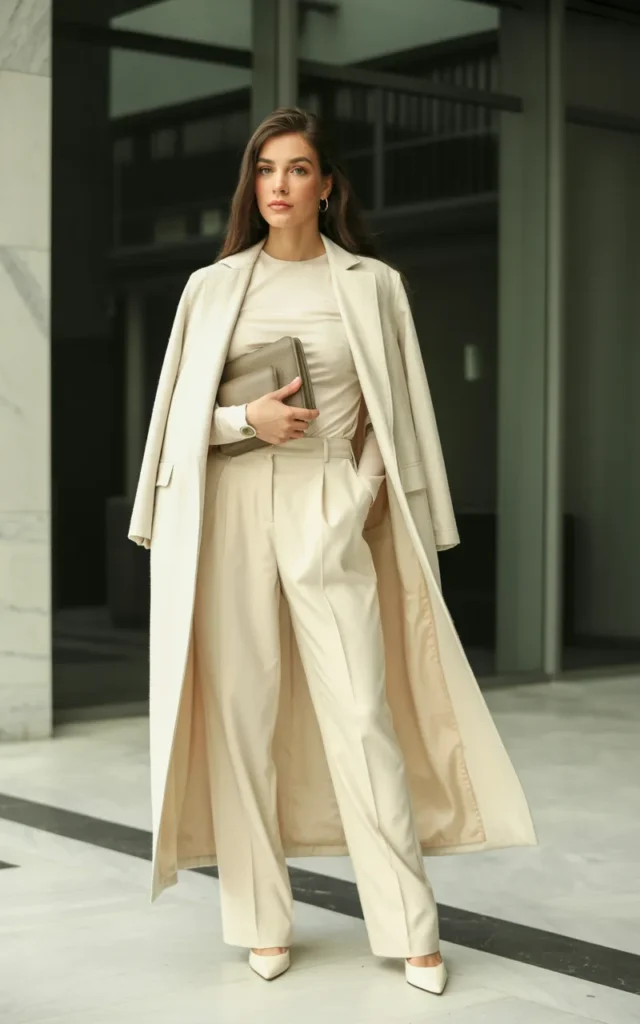 Layer a duster coat over a simple monochrome base